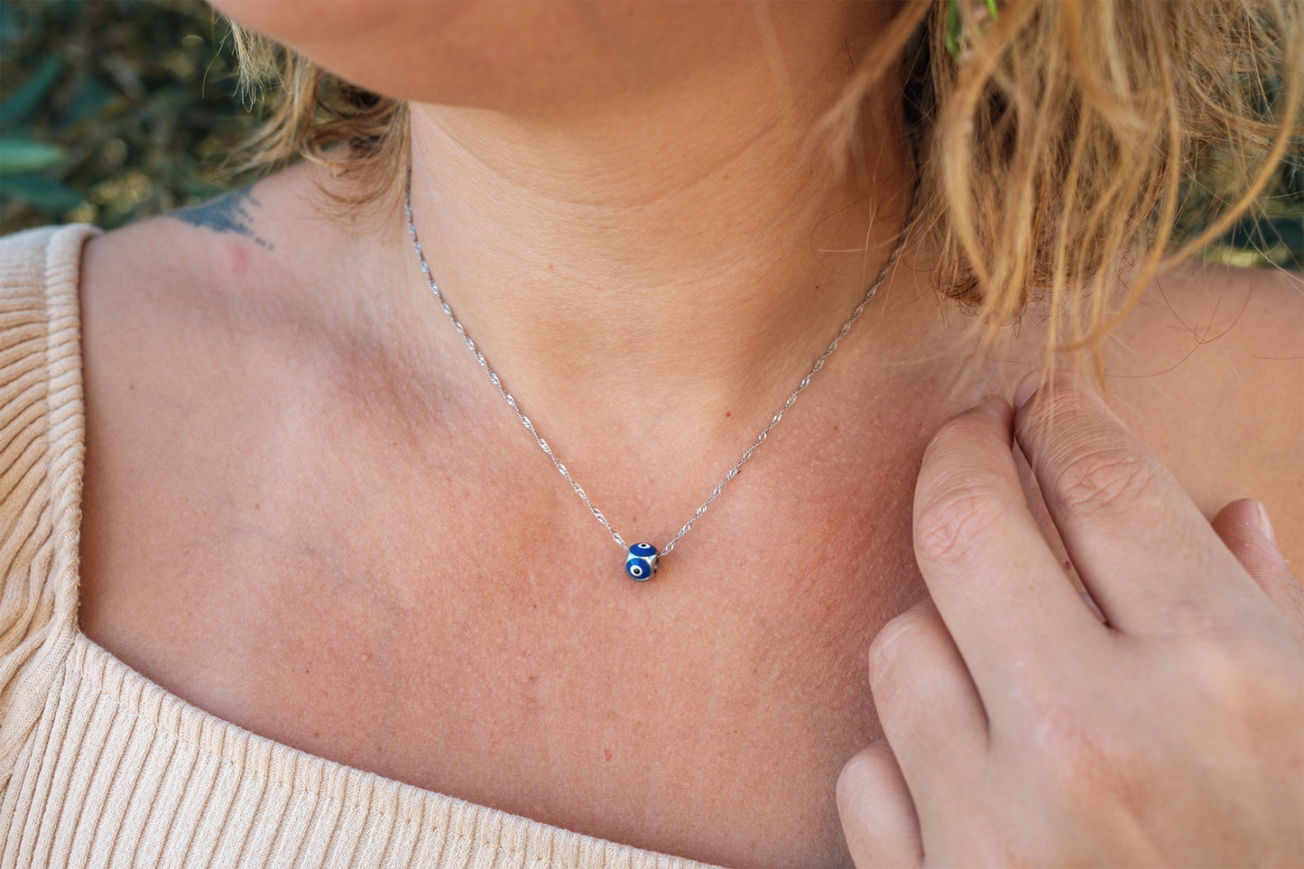 Collier femme en argent 925 et perle oeil bleu marine - caurisandco