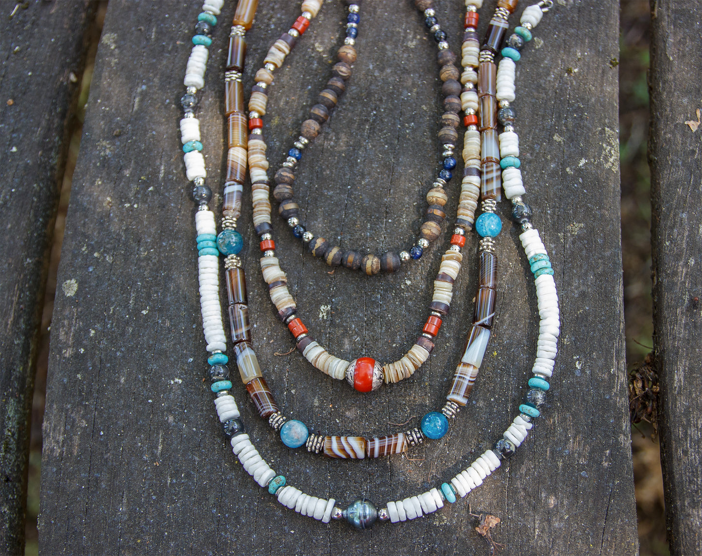 Collier Homme Agate du Tibet Rayée & Œil de Tigre Bleu Pièce Unique Artisanale