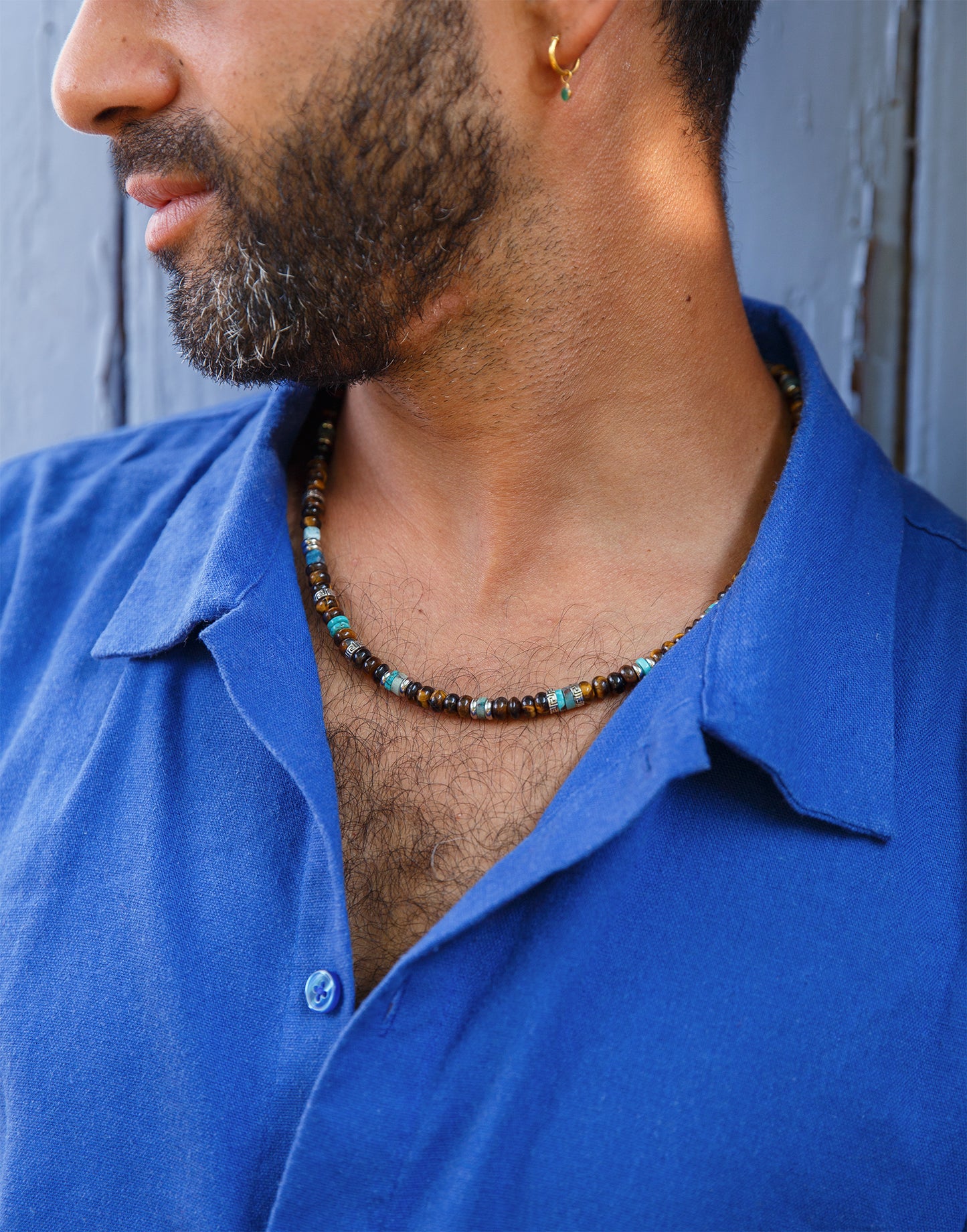 Collier Homme oeil de tigre rondelle et acier inoxydable
