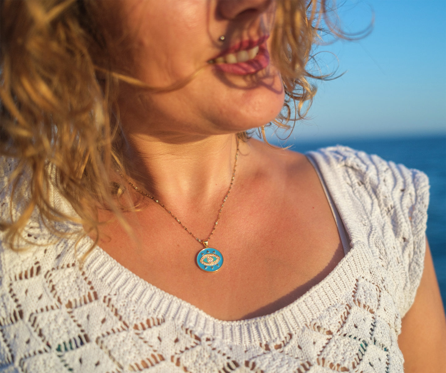 Collier oeil turquoise et chaine en acier inoxydable doré fine - caurisandco