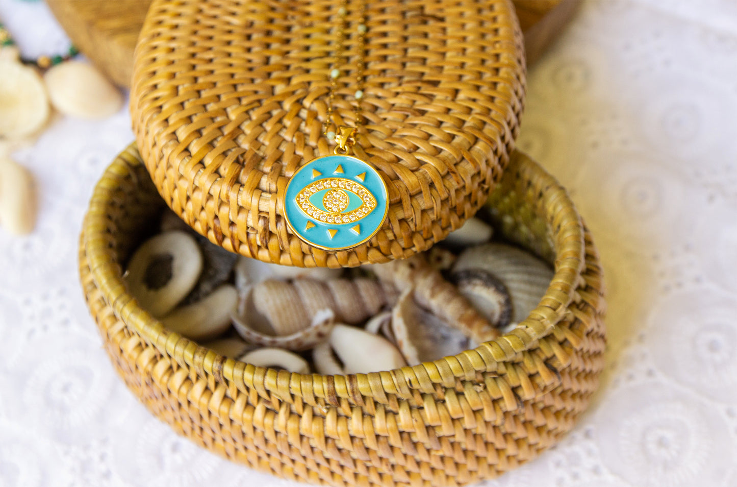 Collier oeil turquoise et chaine en acier inoxydable doré fine - caurisandco