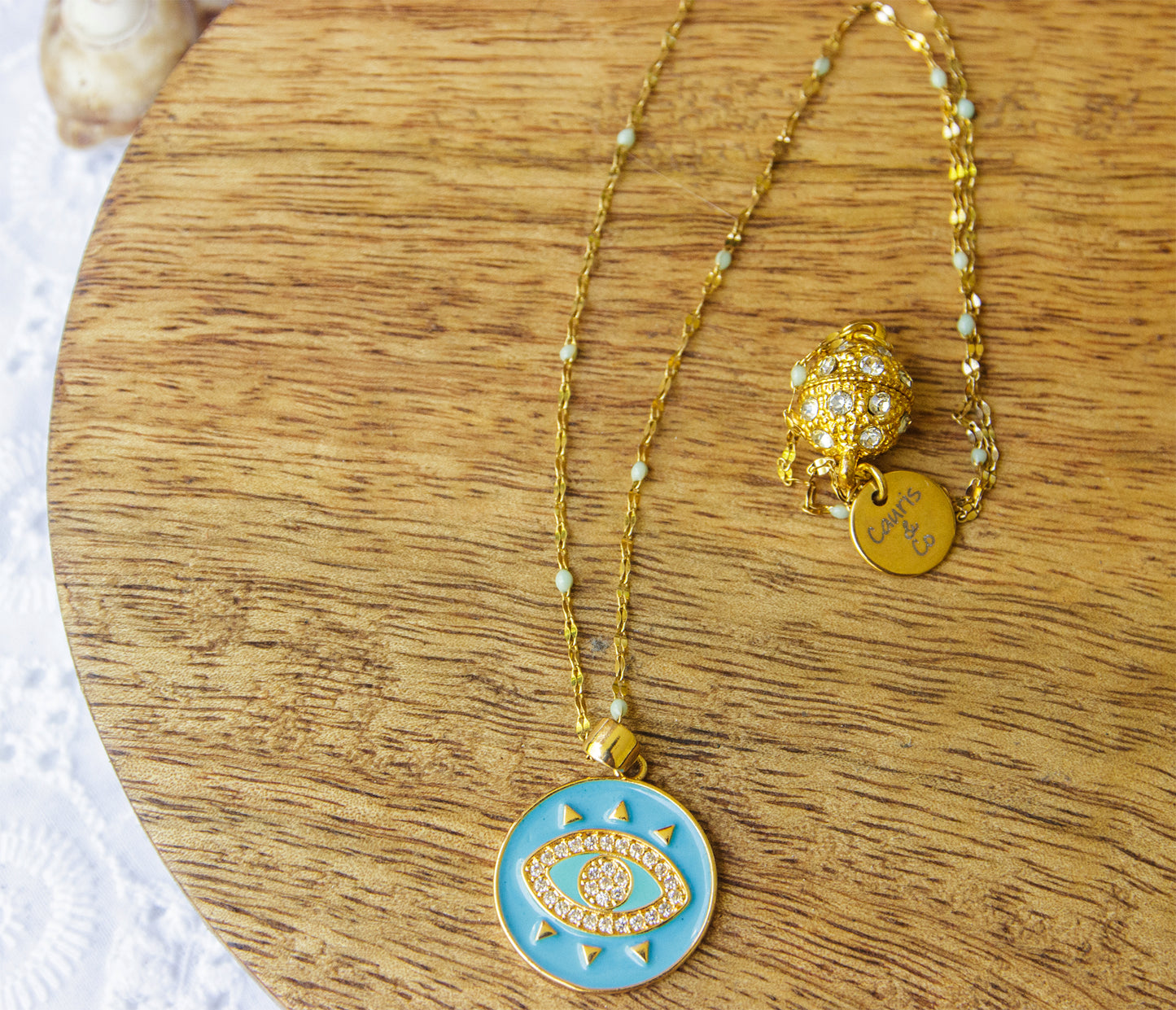 Collier oeil turquoise et chaine en acier inoxydable doré fine - caurisandco