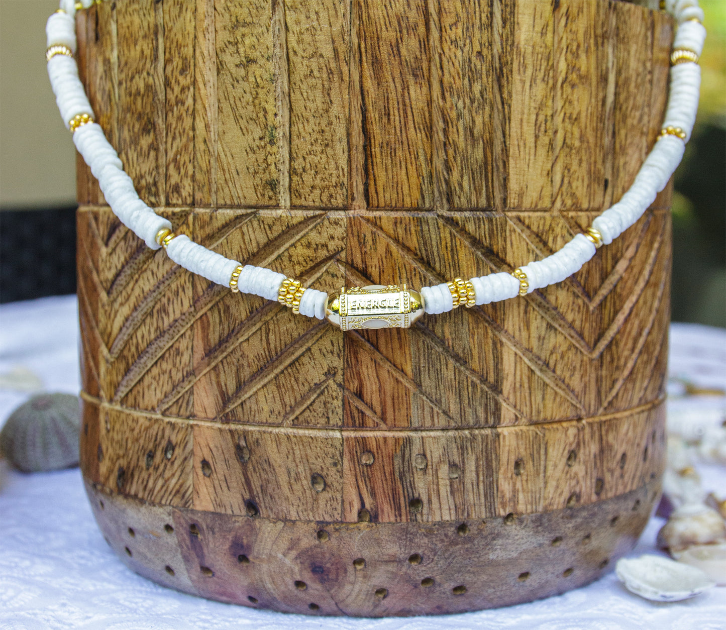 Collier talisman perles heishi coquillage - caurisandco