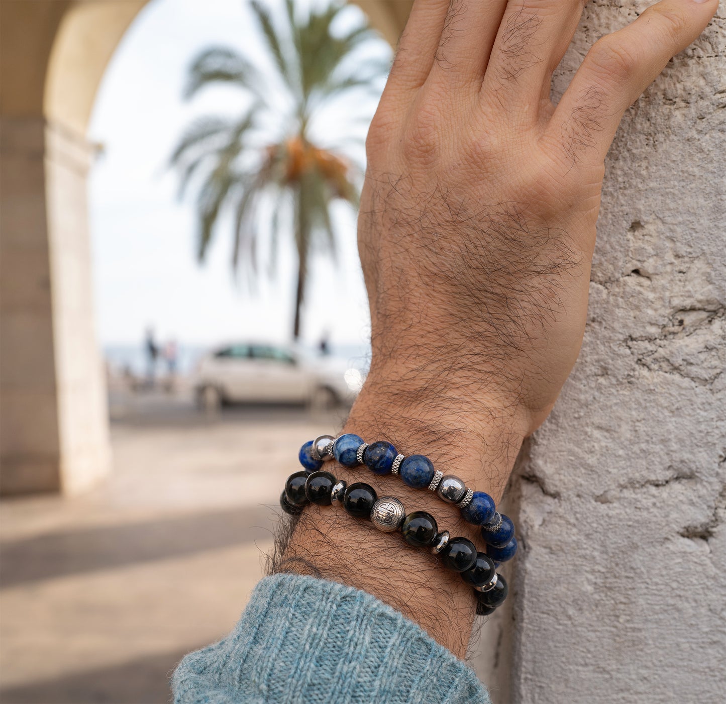 bracelet perles lapis lazuli hématite et acier inoxydable 10mm