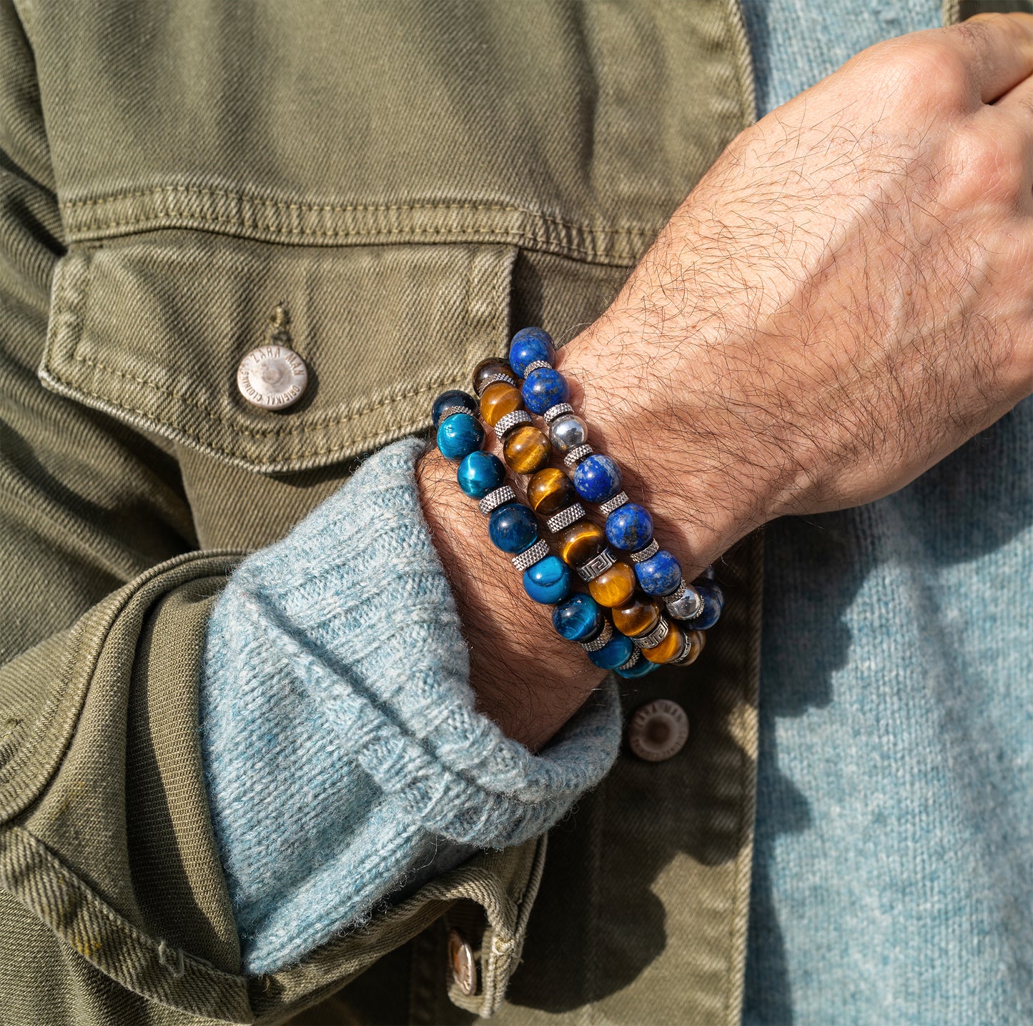 Bracelet homme perles oeil de tigre bleu 10mm - caurisandco