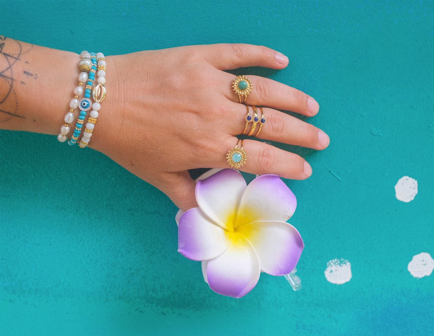 Bague réglable soleil en acier inox doré – Cabochon amazonite ou turquoise