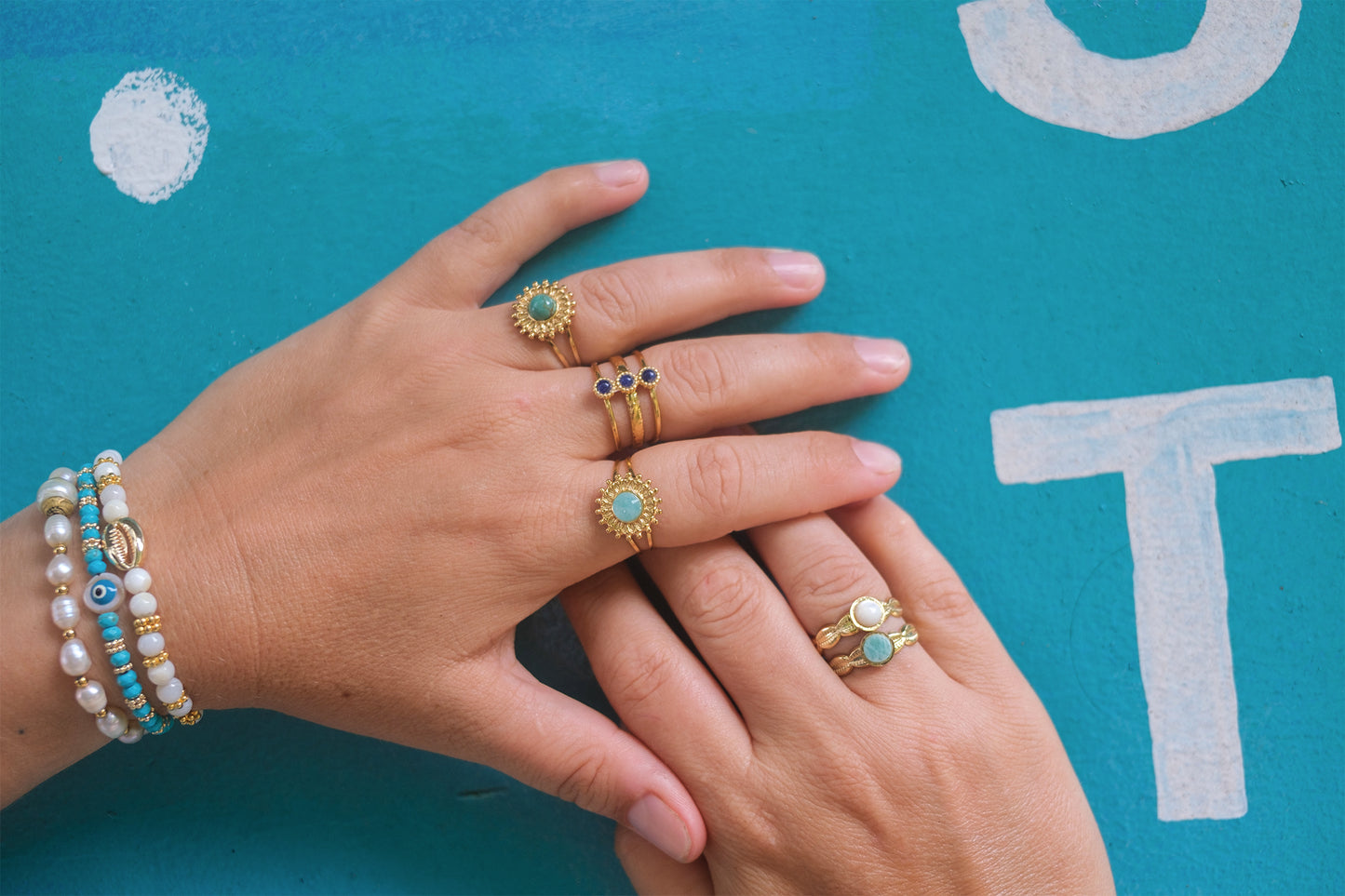 Bague réglable soleil en acier inox doré – Cabochon amazonite ou turquoise