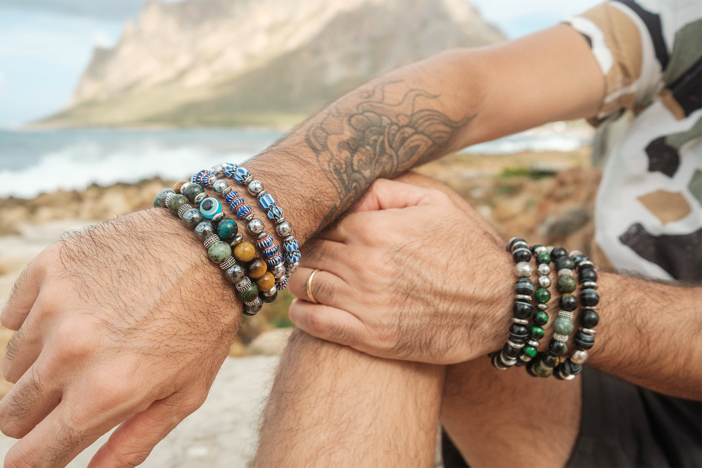 bracelet homme obsidienne turquoise d'afrique 10 mm - caurisandco