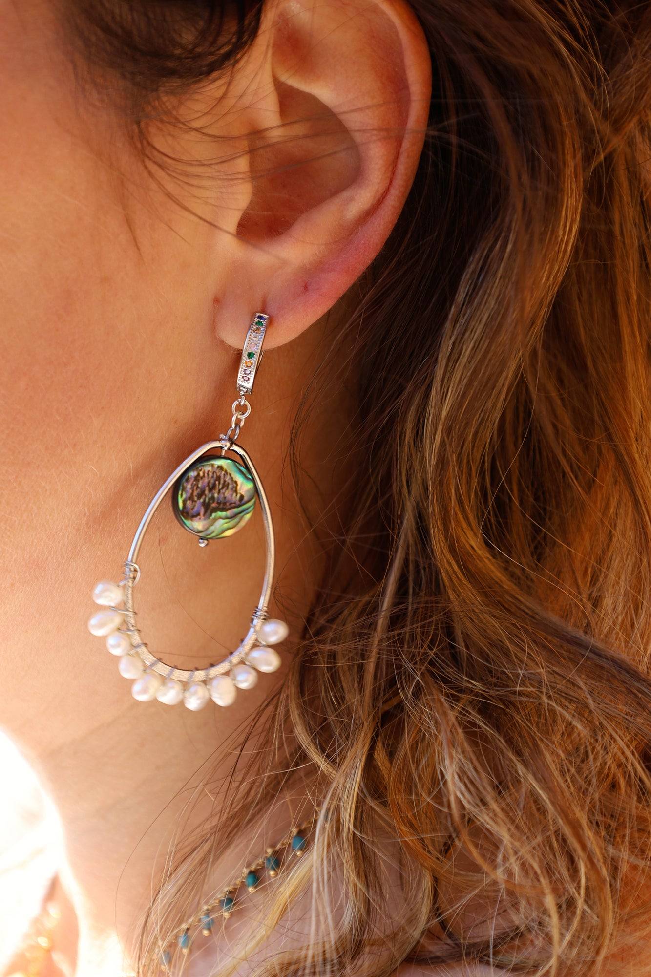 boucle d'oreille abalone et nacre faite main PIECE UNIQUE - caurisandco