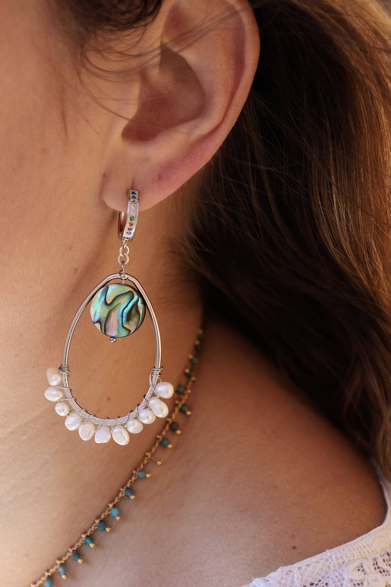 boucle d'oreille abalone et nacre faite main PIECE UNIQUE - caurisandco