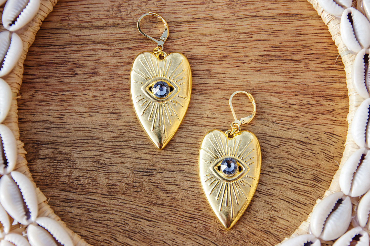 Boucle d'oreille coeur motif oeil ex voto et cristal (6cm) - caurisandco
