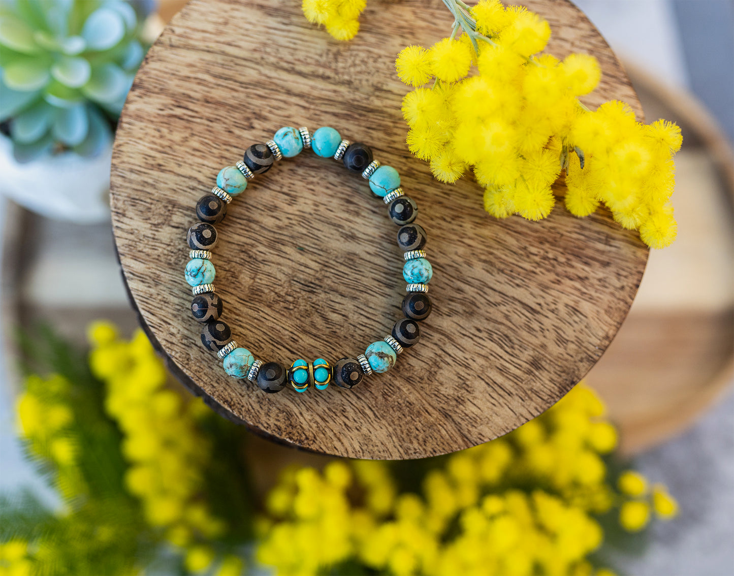 bracelet agate antique et howlite turquoise fait main piece unique - caurisandco