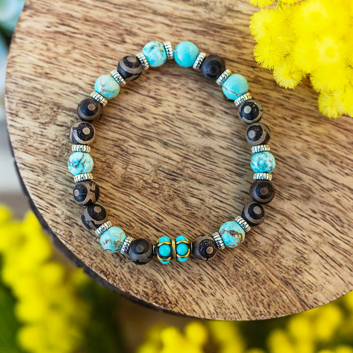 bracelet agate antique et howlite turquoise fait main piece unique - caurisandco