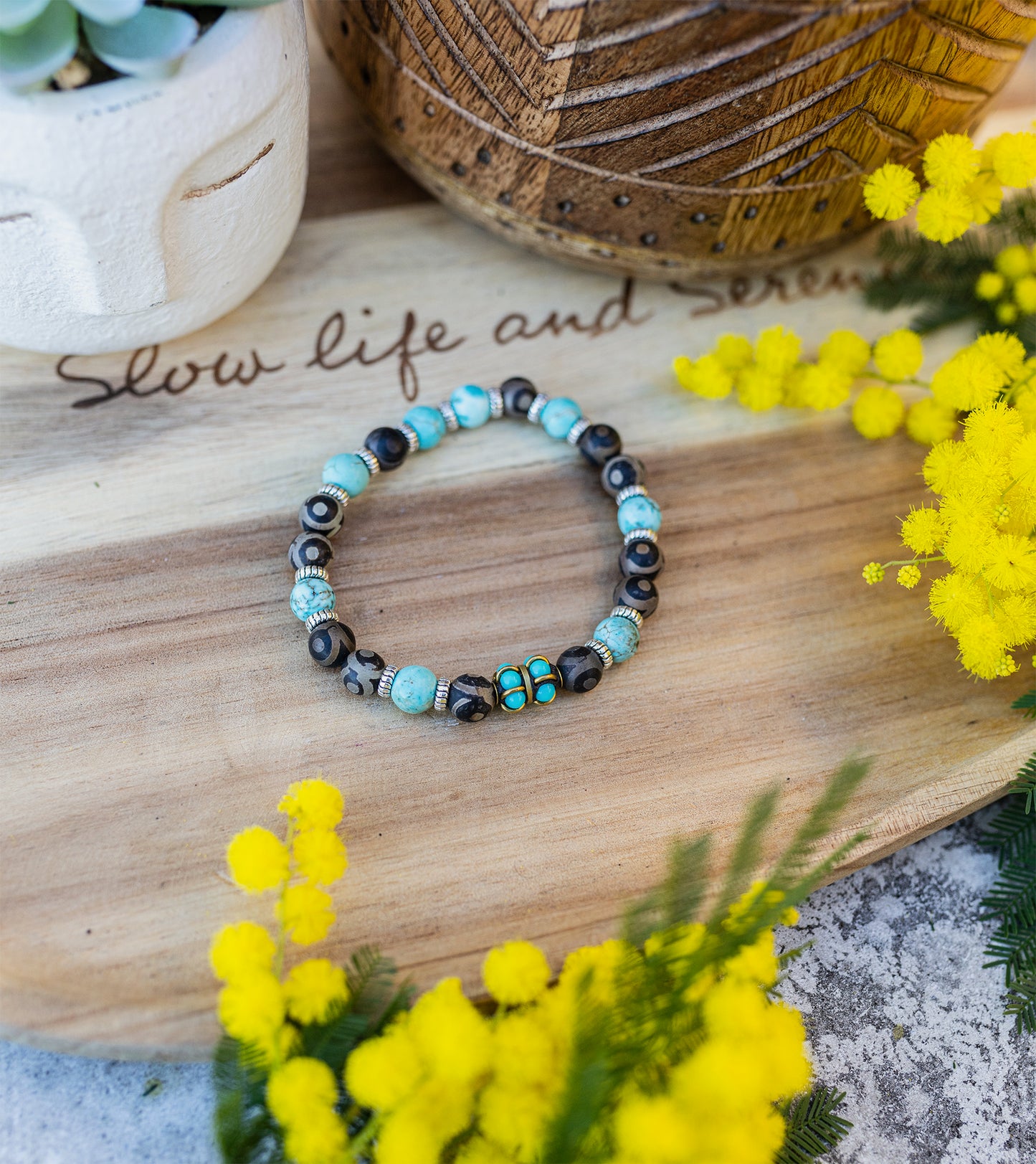 bracelet agate antique et howlite turquoise fait main piece unique - caurisandco