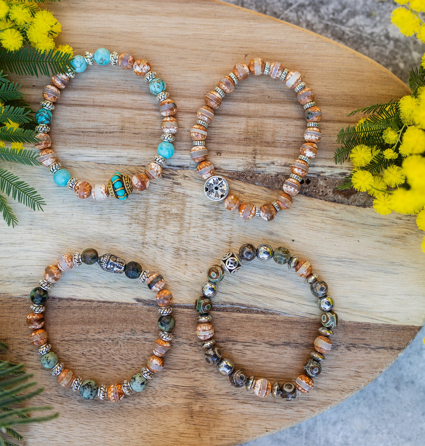 bracelet agate 8mm et turquoise d'Afrique et Bouddha diable en acier inoxydable fait main - caurisandco