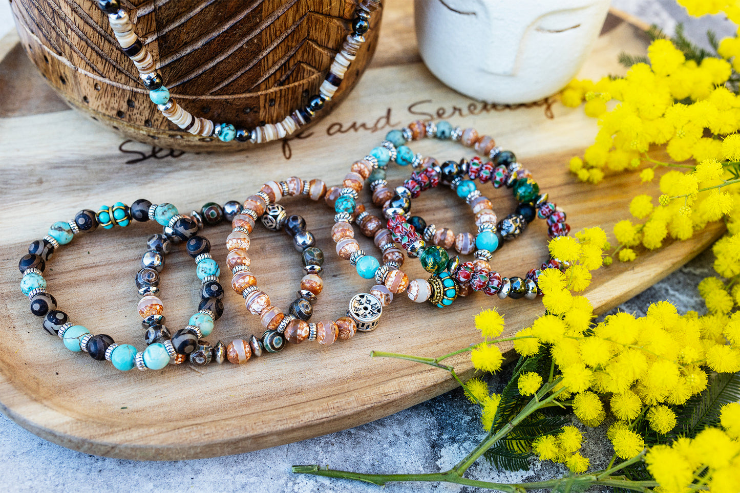 bracelet agate antique et howlite turquoise fait main piece unique - caurisandco