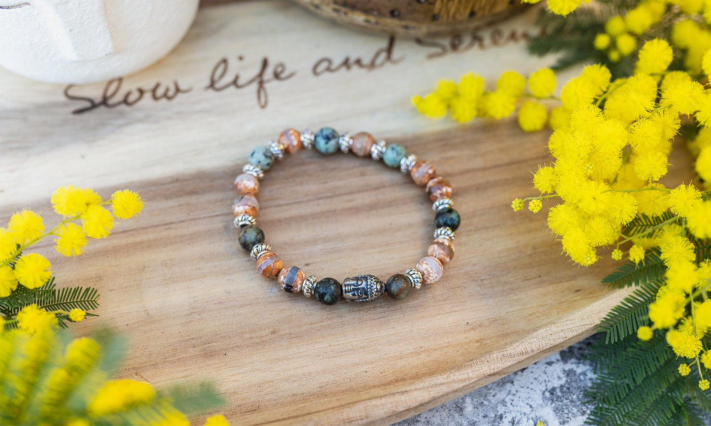 bracelet agate 8mm et turquoise d'Afrique et Bouddha diable en acier inoxydable fait main - caurisandco