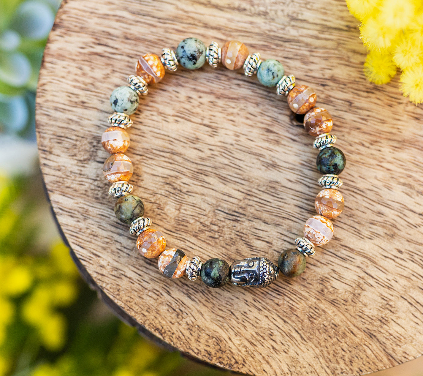 bracelet agate 8mm et turquoise d'Afrique et Bouddha diable en acier inoxydable fait main - caurisandco