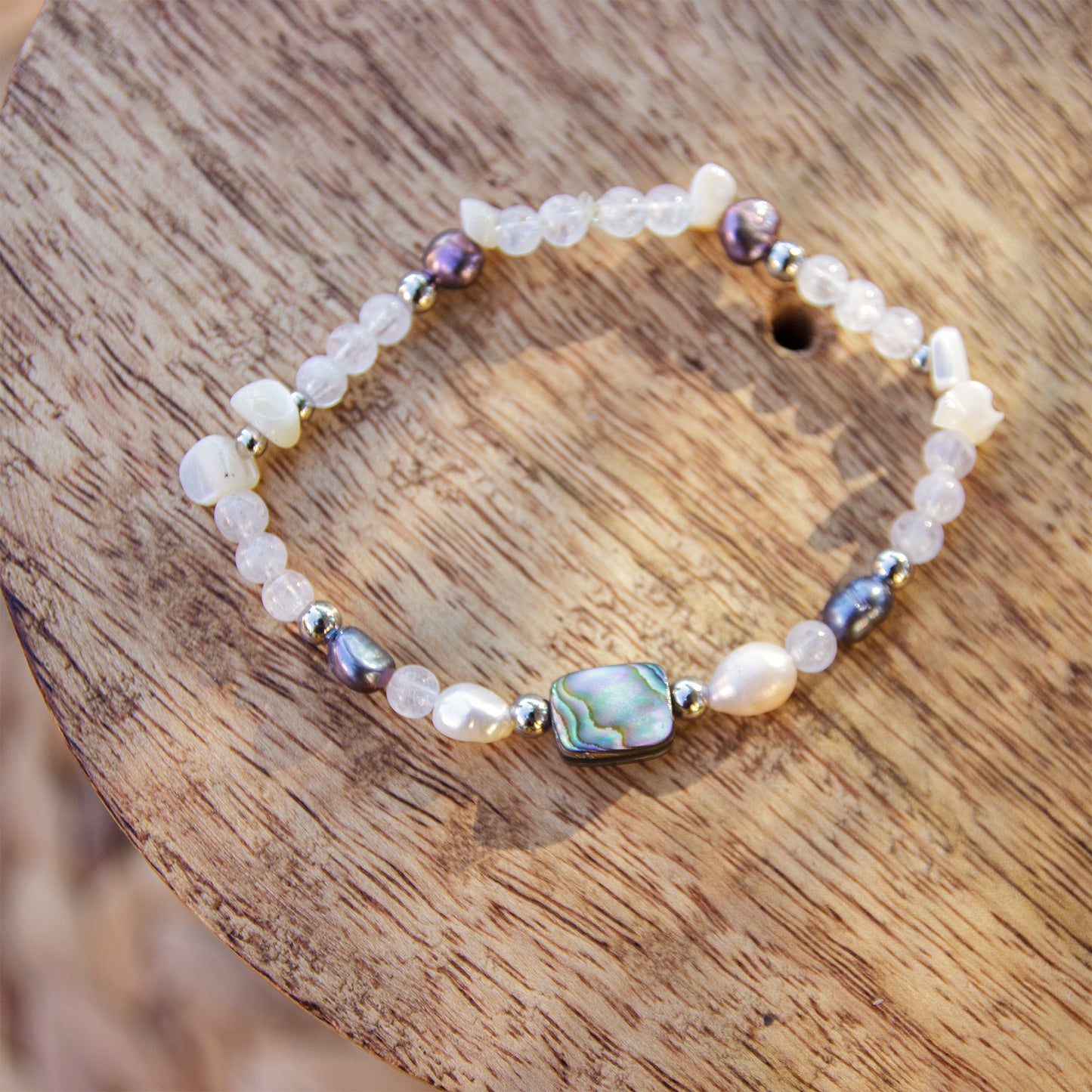 Bracelet perle 4 mm abalone et pierre de lune - caurisandco