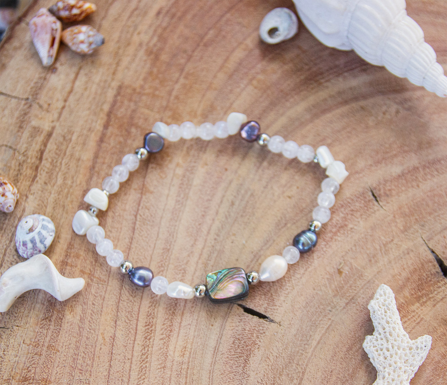 Bracelet perle 4 mm abalone et pierre de lune - caurisandco