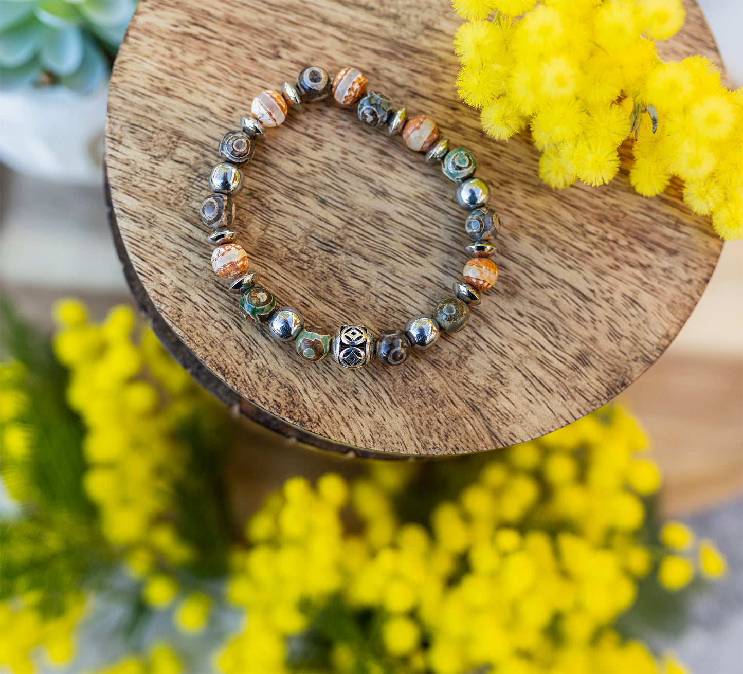 bracelet agate antique 8mm hematite fait main piece unique - caurisandco