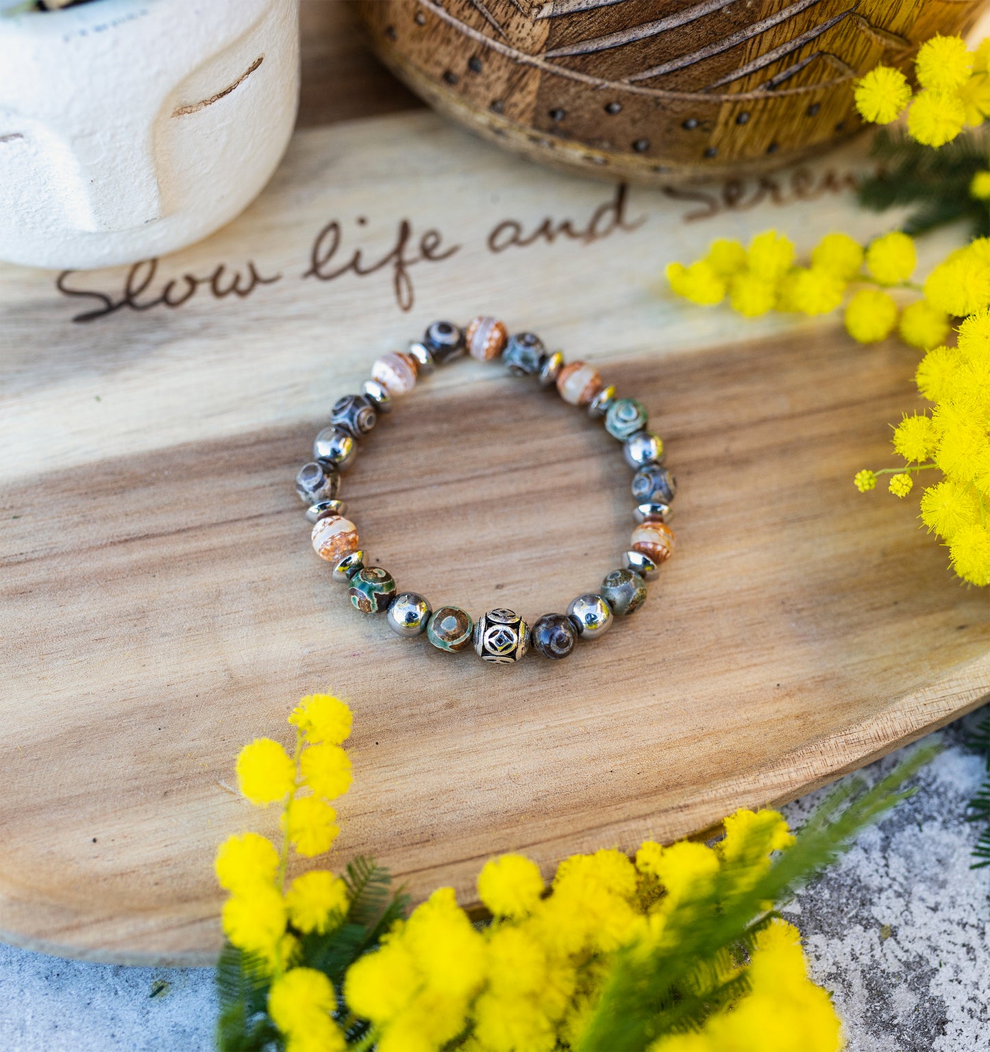 bracelet agate antique 8mm hematite fait main piece unique - caurisandco