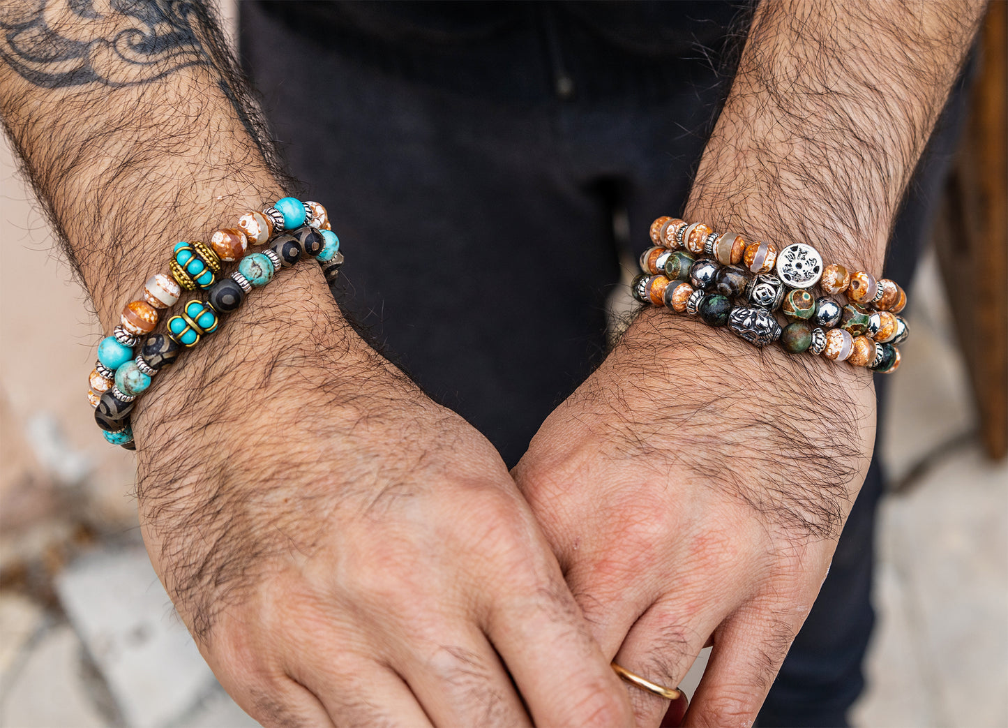 bracelet agate 8mm et turquoise d'Afrique et Bouddha diable en acier inoxydable fait main - caurisandco