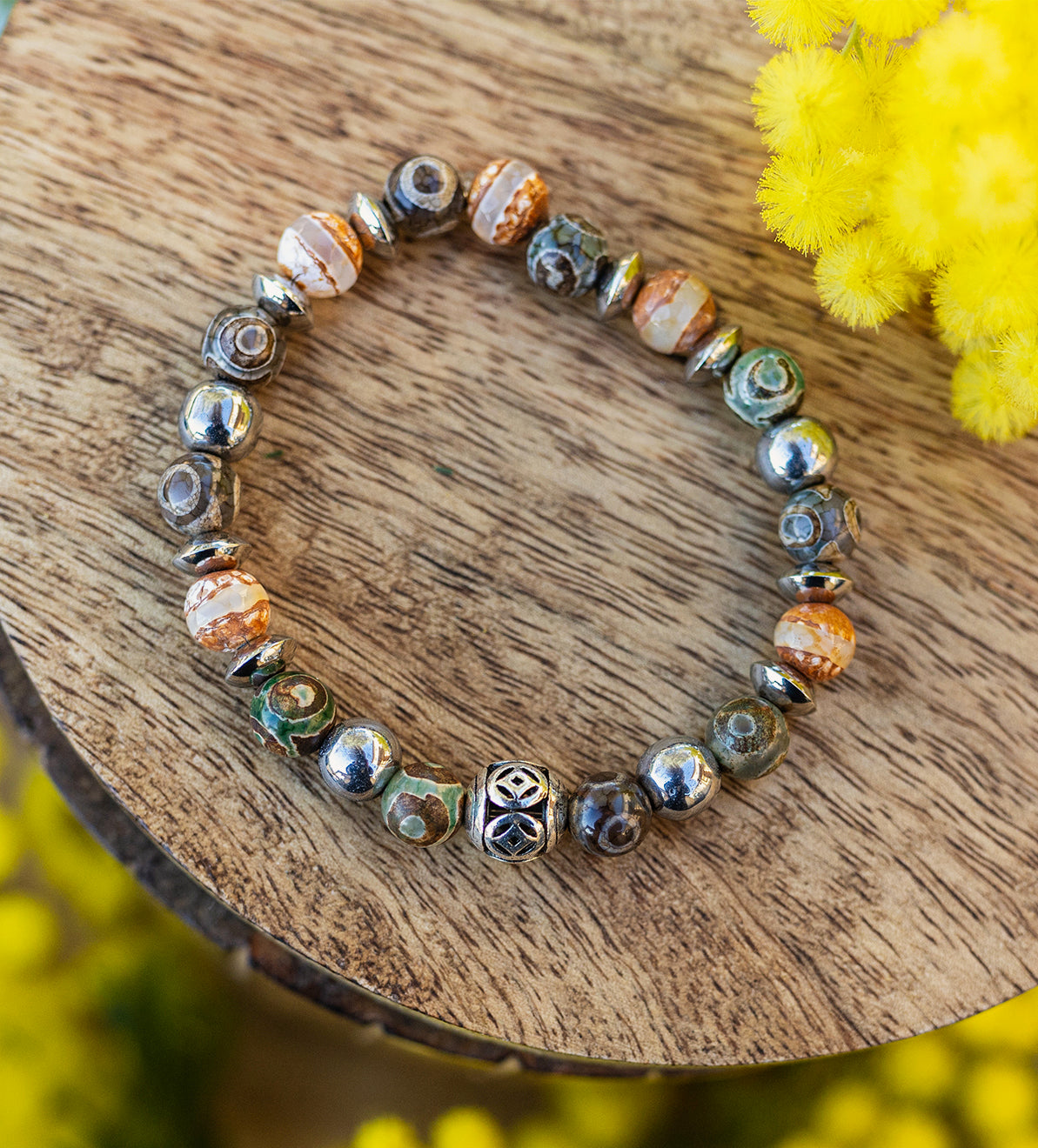 bracelet agate antique 8mm hematite fait main piece unique - caurisandco
