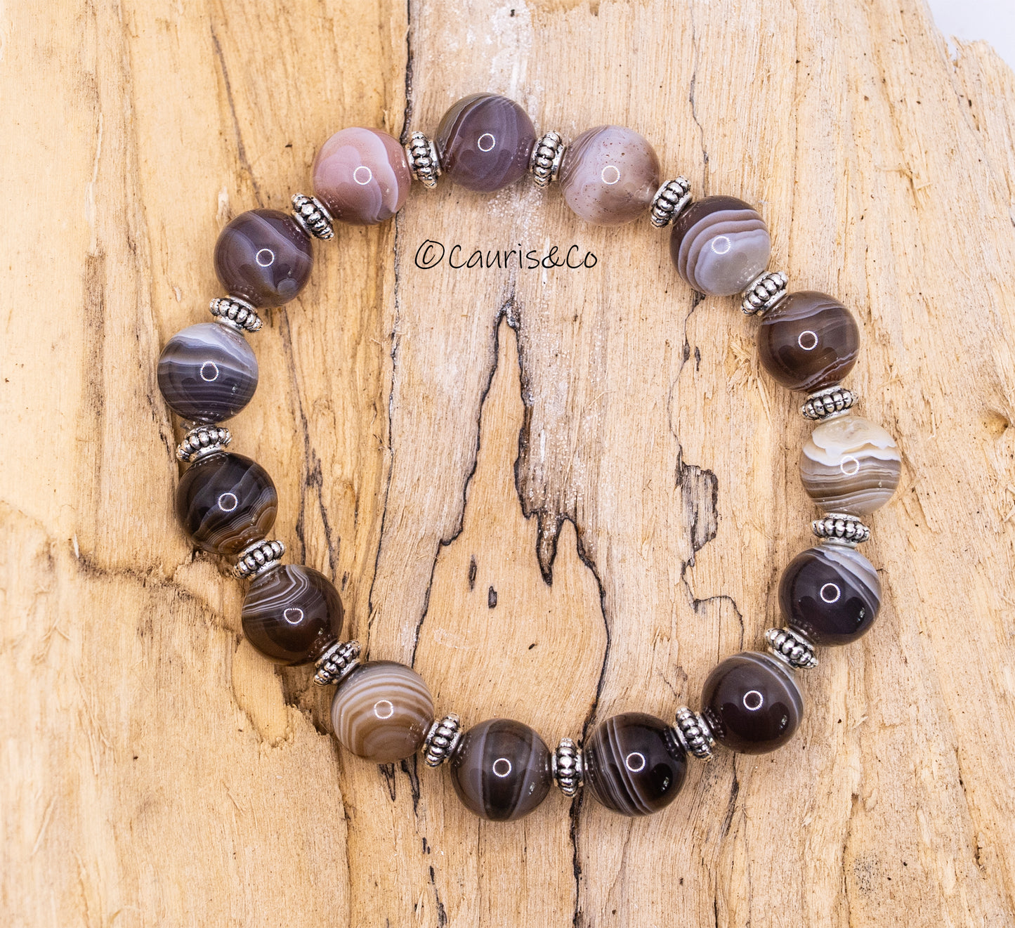 bracelet agate du botswana et perles plaqué argent fait main piece unique - caurisandco