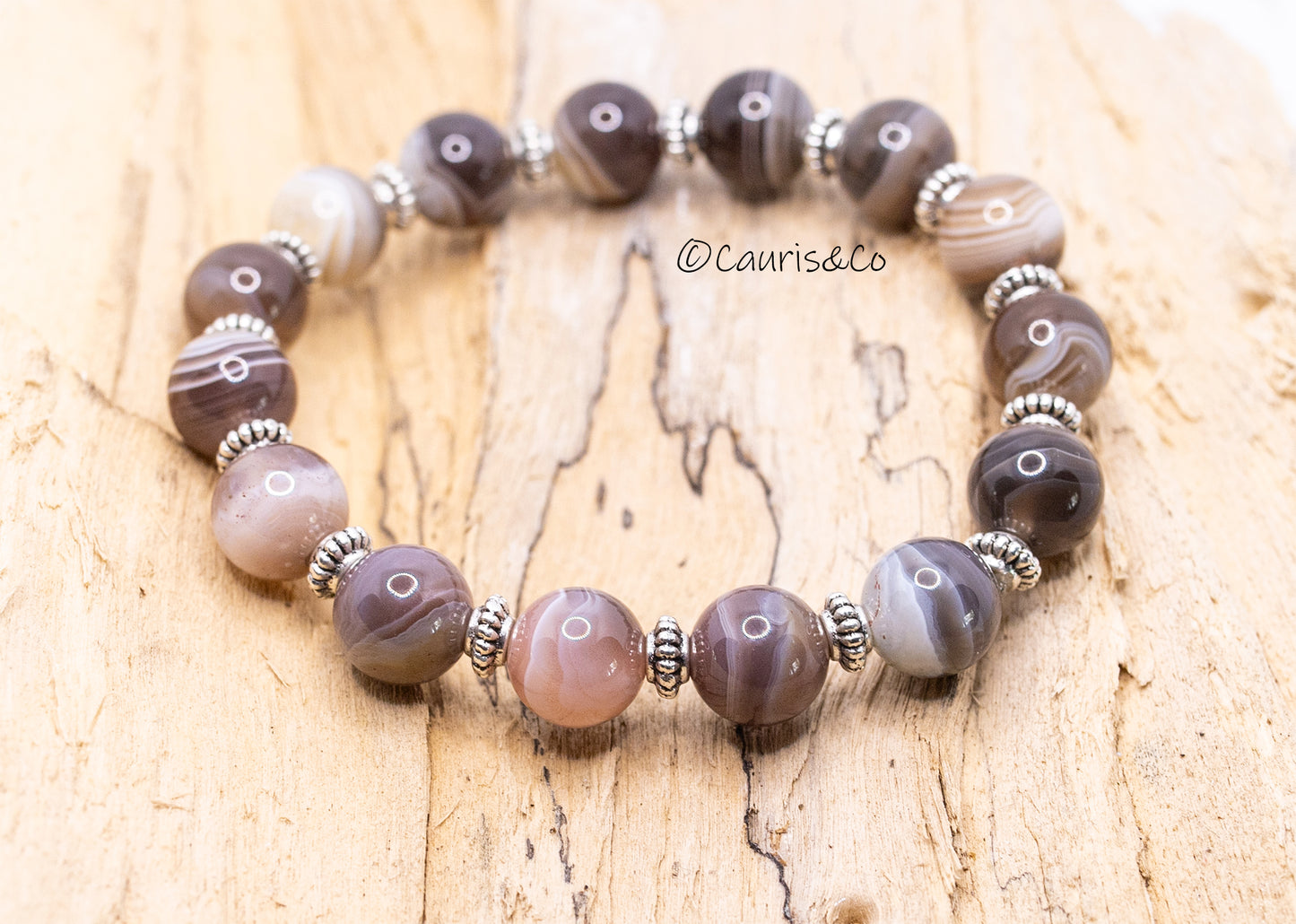 bracelet agate du botswana et perles plaqué argent fait main piece unique - caurisandco