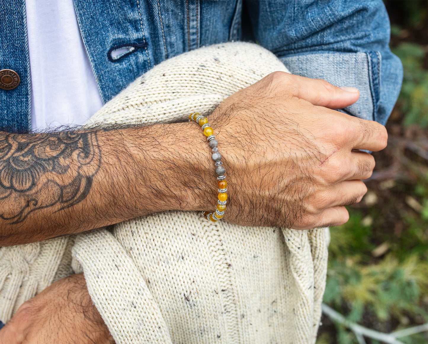 bracelet agate jaune et grise fait main piece unique - caurisandco