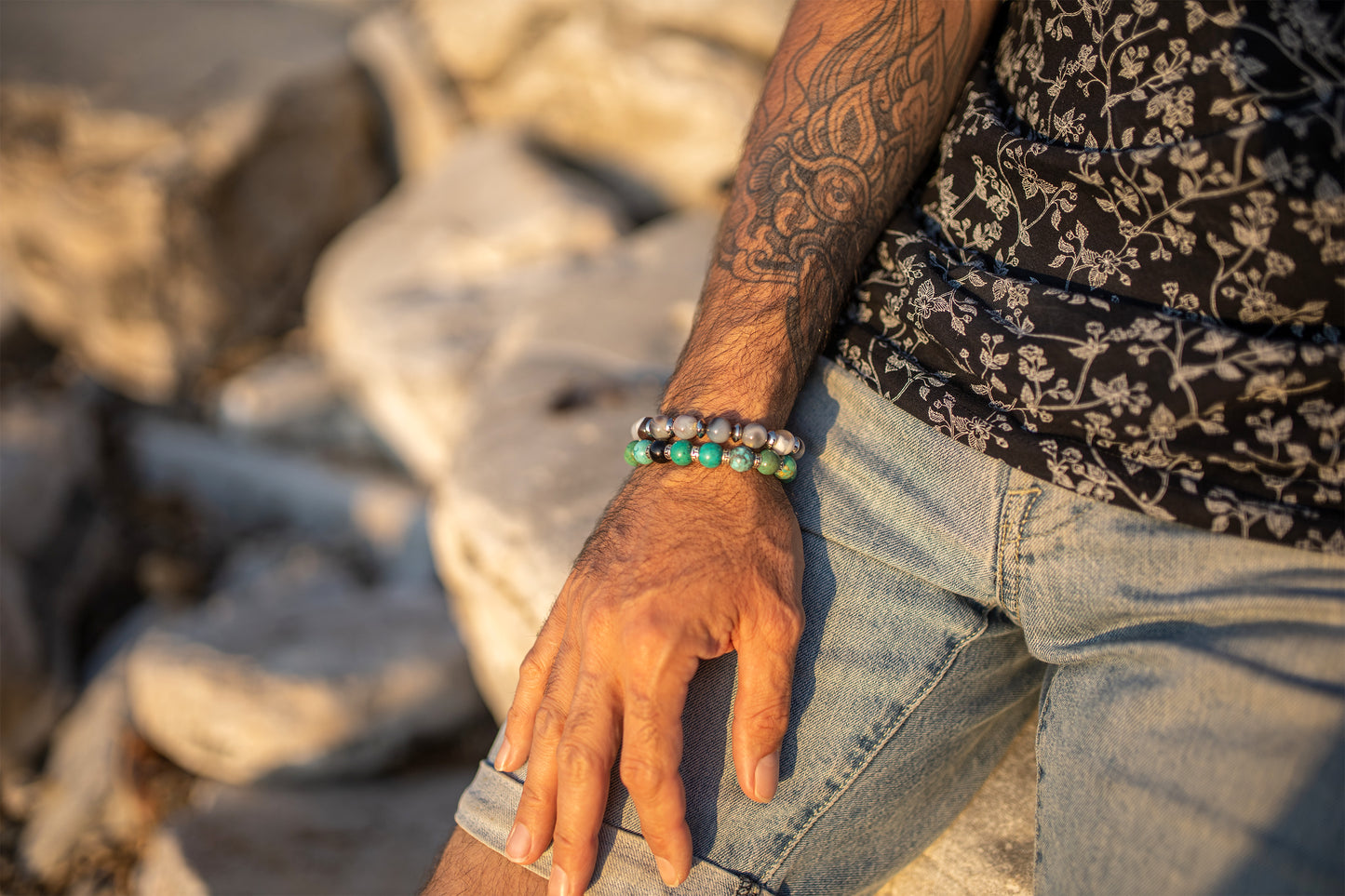 bracelet howlite turquoise obsidienne fait main piece unique - caurisandco