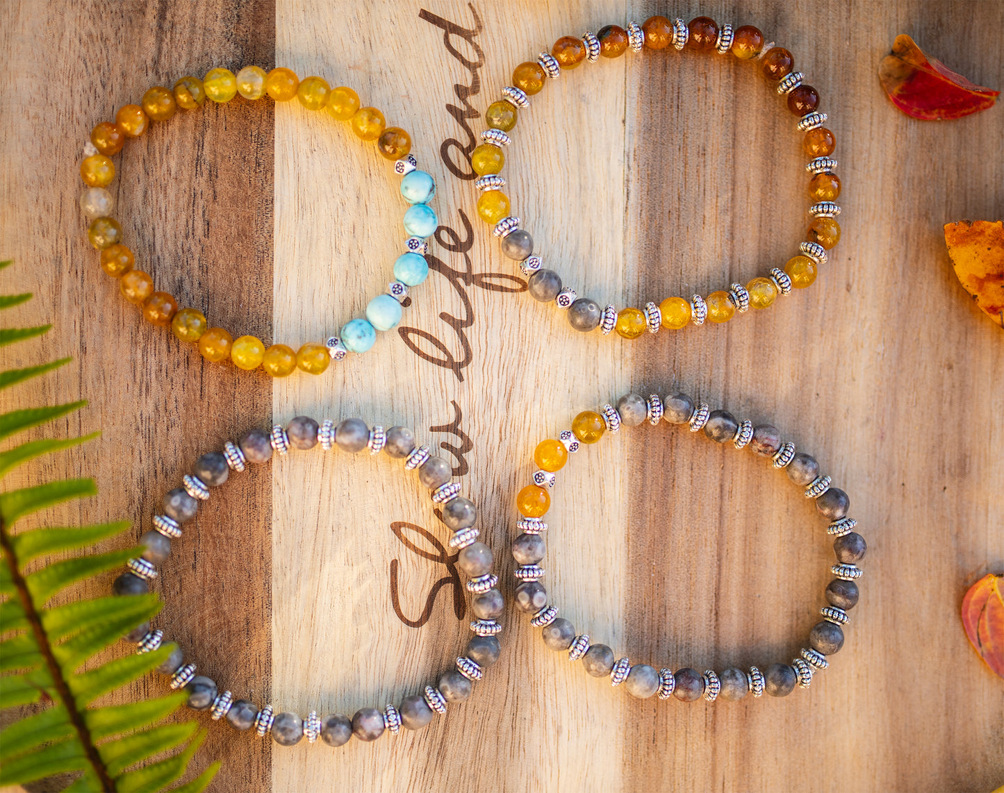 bracelet agate fossile et jaune 6mm fait main piece unique - caurisandco