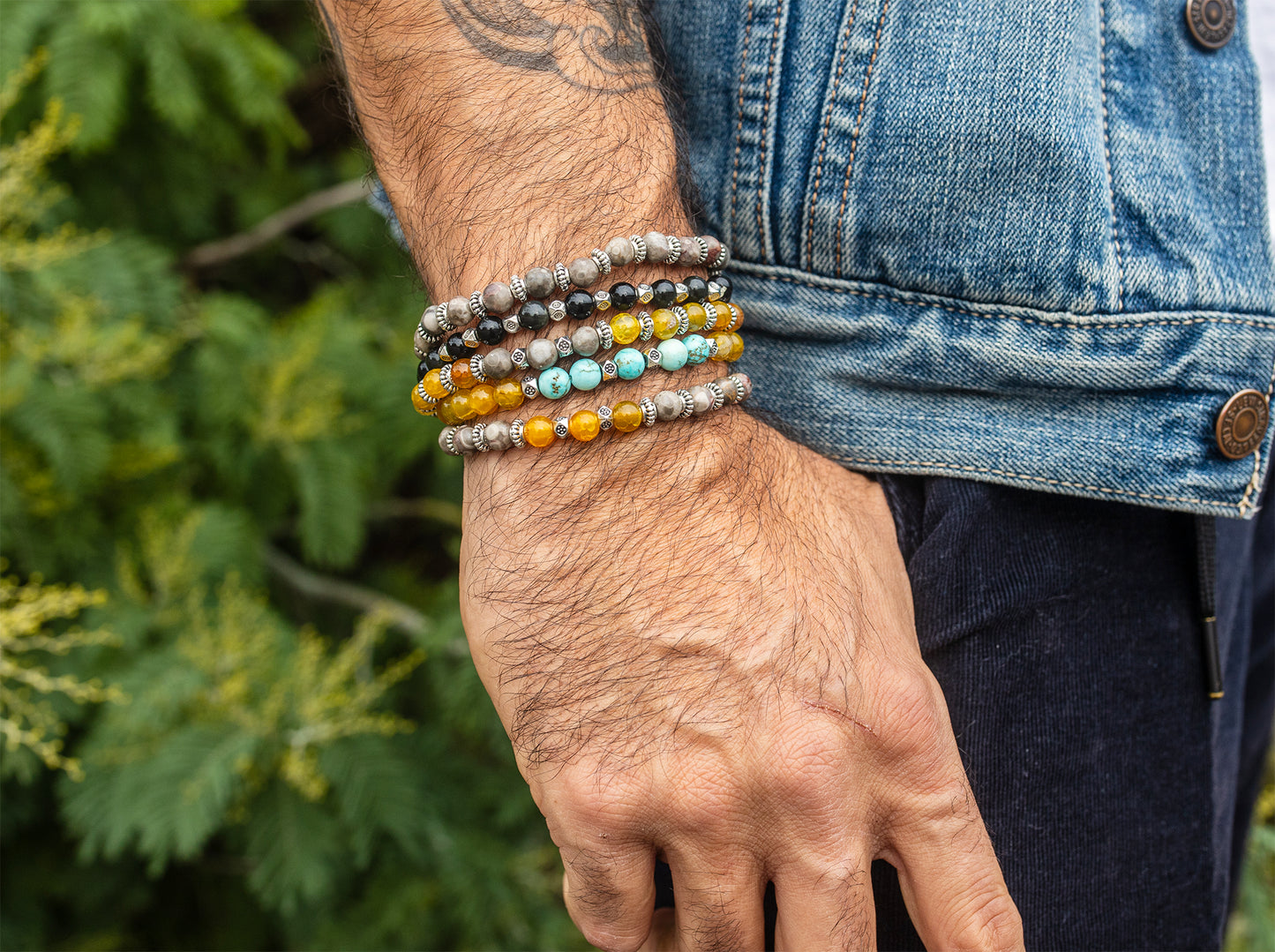 bracelet agate jaune 6mm et howlite turquoise - caurisandco
