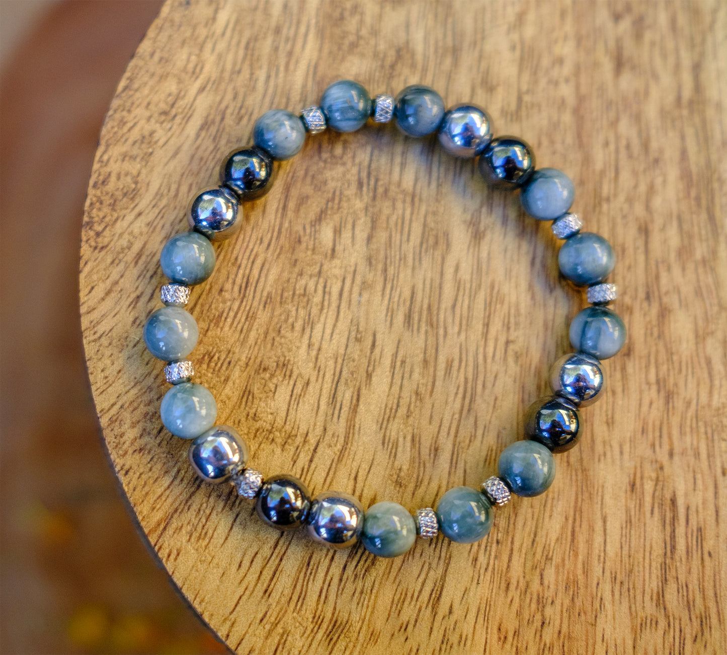 Bracelet homme 8mm oeil de faucon (oeil de tigre teintée grise) , hematite et hematite argenté - caurisandco