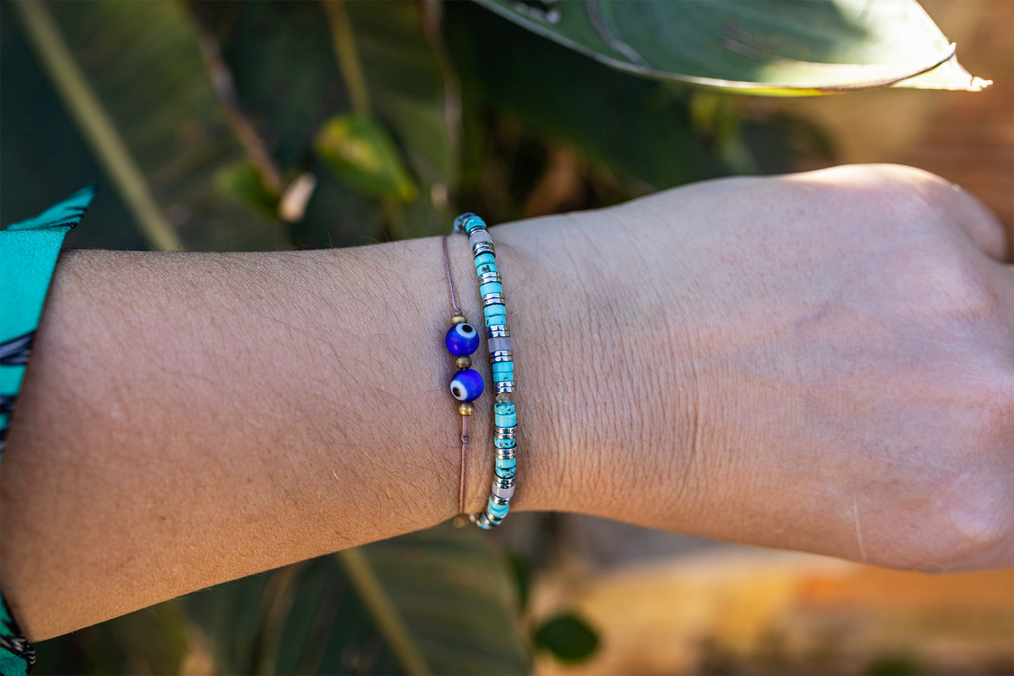 bracelet perles heishi howlite turquoise quartz rose et hematite argent fait main - caurisandco