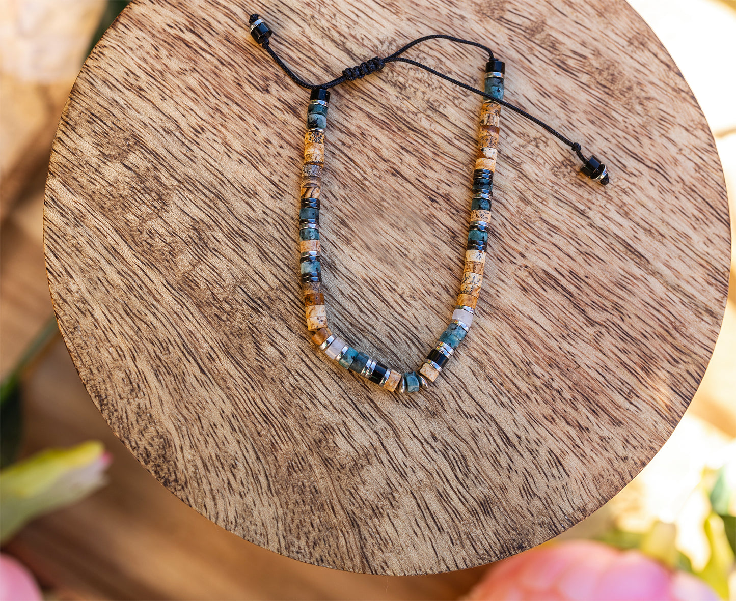 bracelet heishi jaspe agate et acier inox fait main - caurisandco