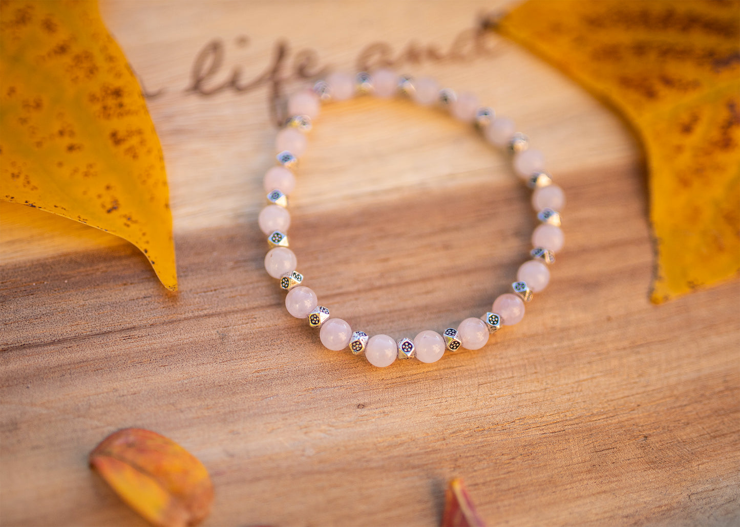 bracelet quartz rose et plaqué argent fait main piece unique - caurisandco