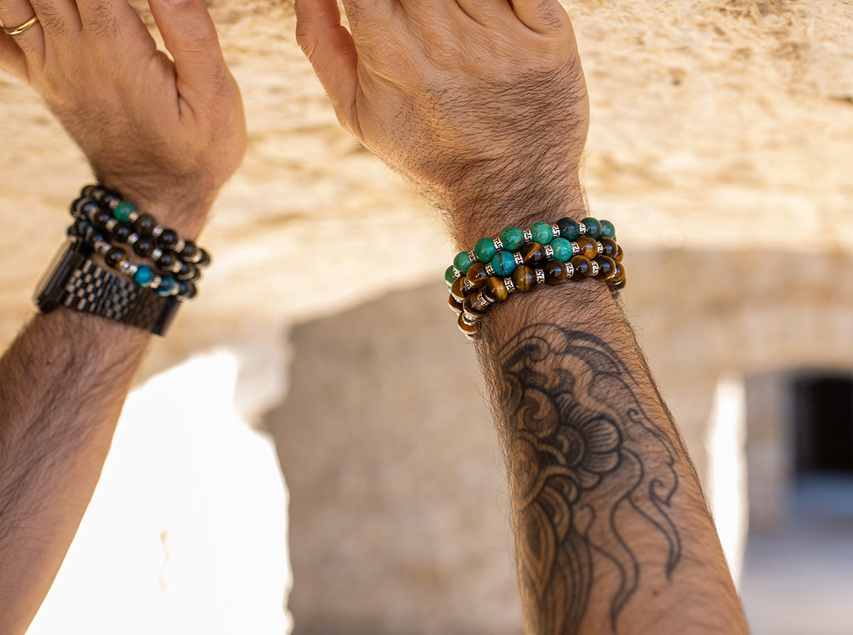bracelet howlite turquoise obsidienne fait main piece unique - caurisandco