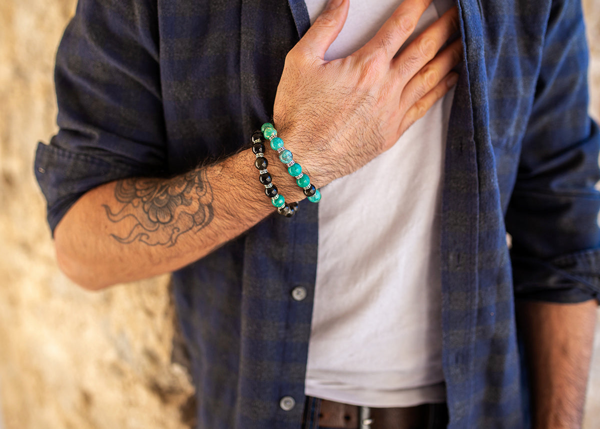 bracelet howlite turquoise obsidienne fait main piece unique - caurisandco