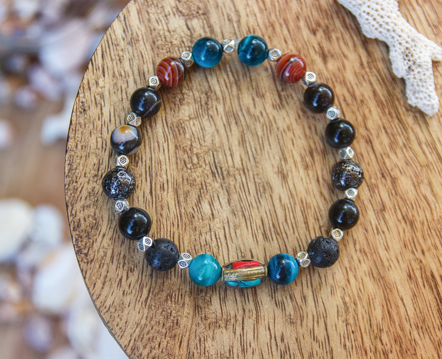 Collection la famara bracelet homme pierre de lave agate oeil de tigre bleu 8 mm - caurisandco