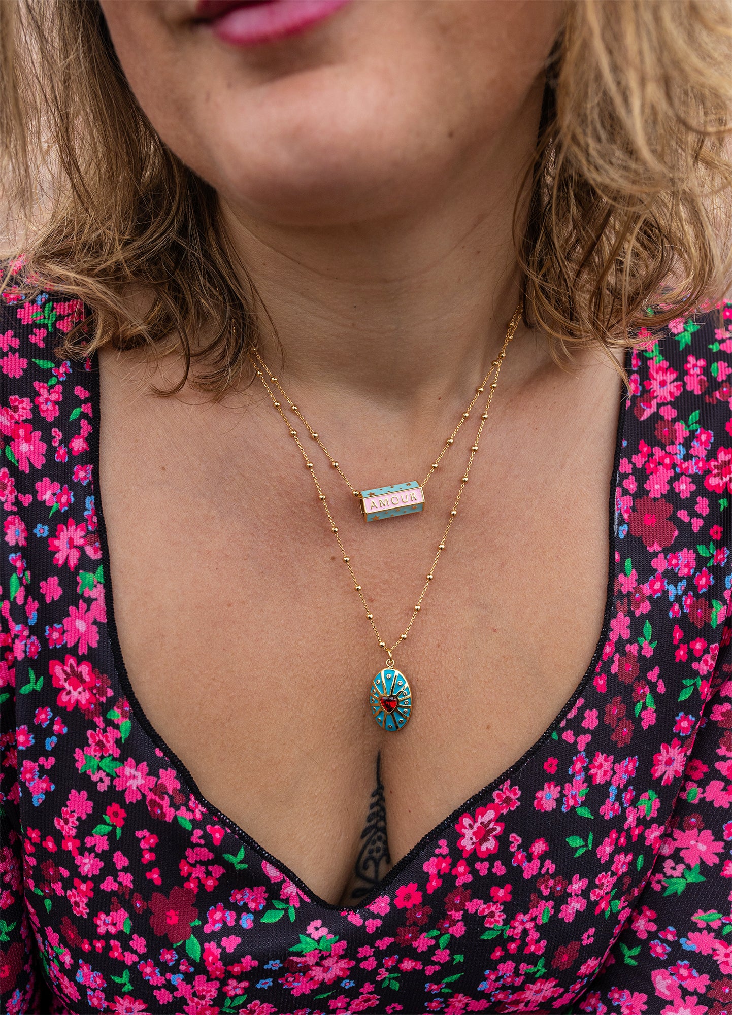 collier double talisman à message "amour" et "dream" et pendentif coeur fait main - caurisandco