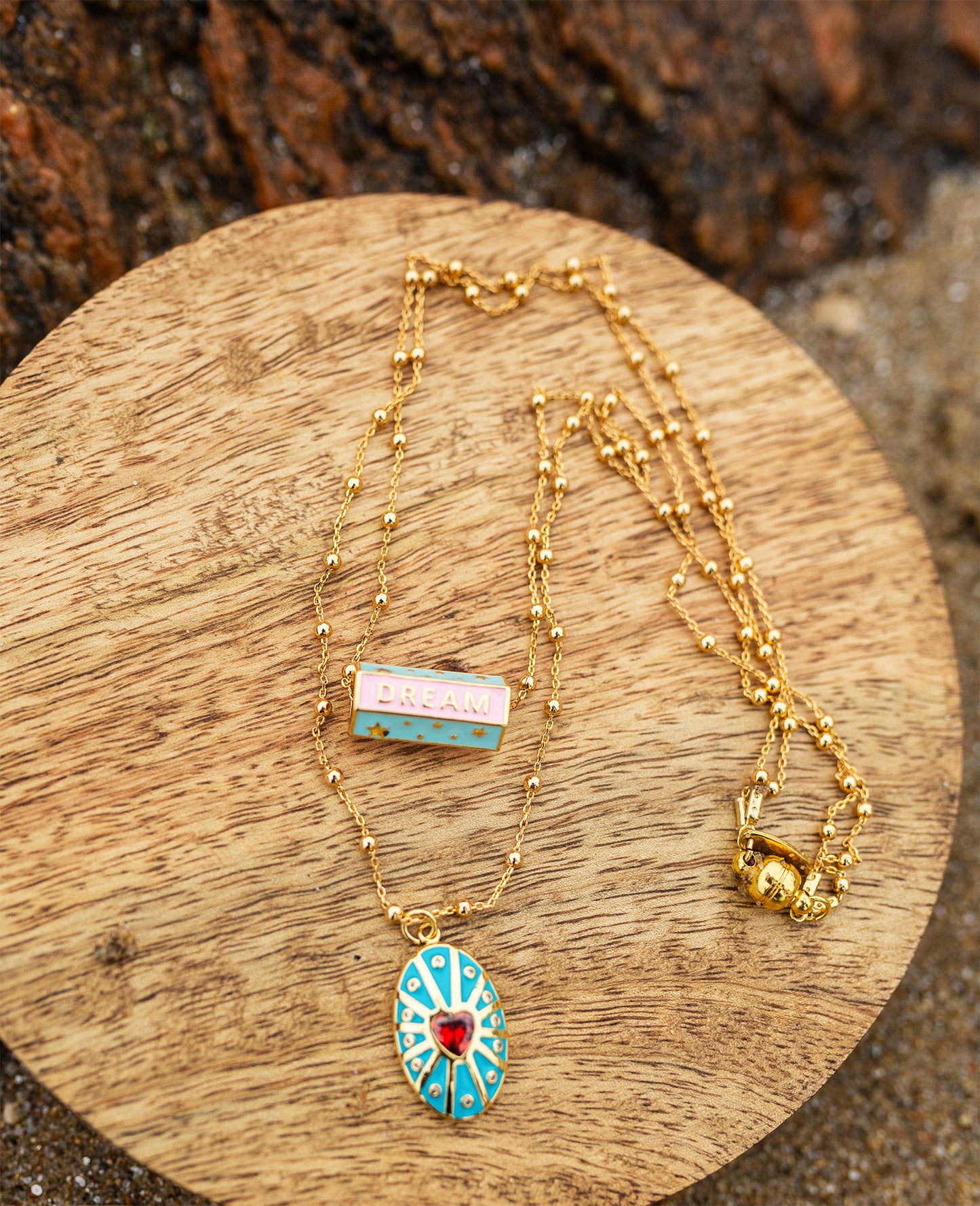collier double talisman à message "amour" et "dream" et pendentif coeur fait main - caurisandco