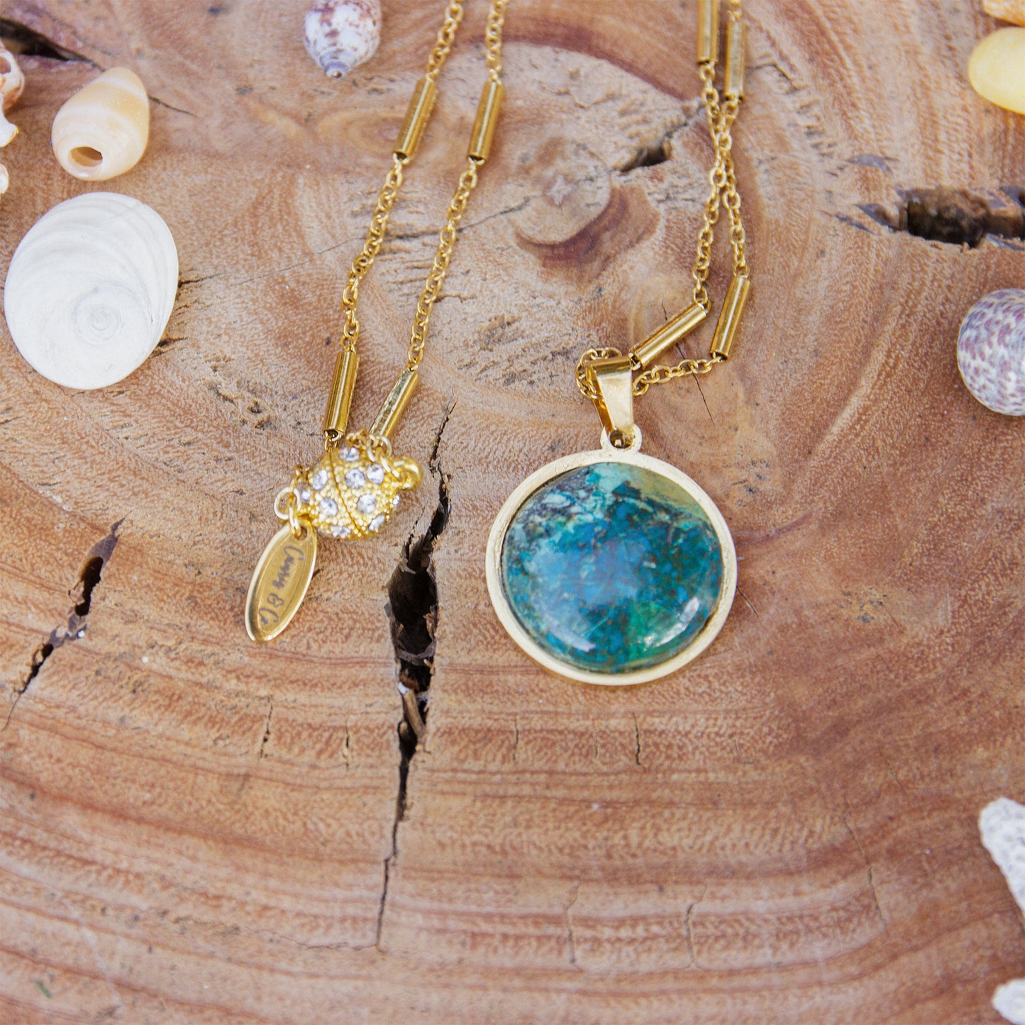Collier en acier inoxydable doré et pendentif chrysocolle (20mm) - caurisandco