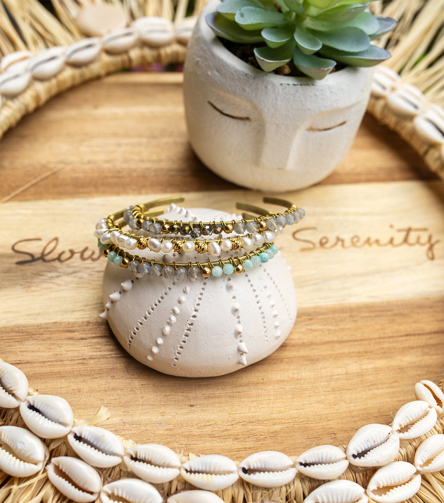 jonc tissé en amazonite et labradorite fait main - caurisandco