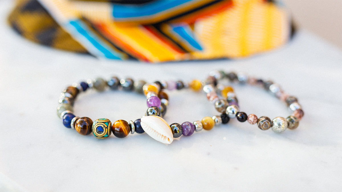 bracelet cauris amethyste agate fait main piece unique - caurisandco