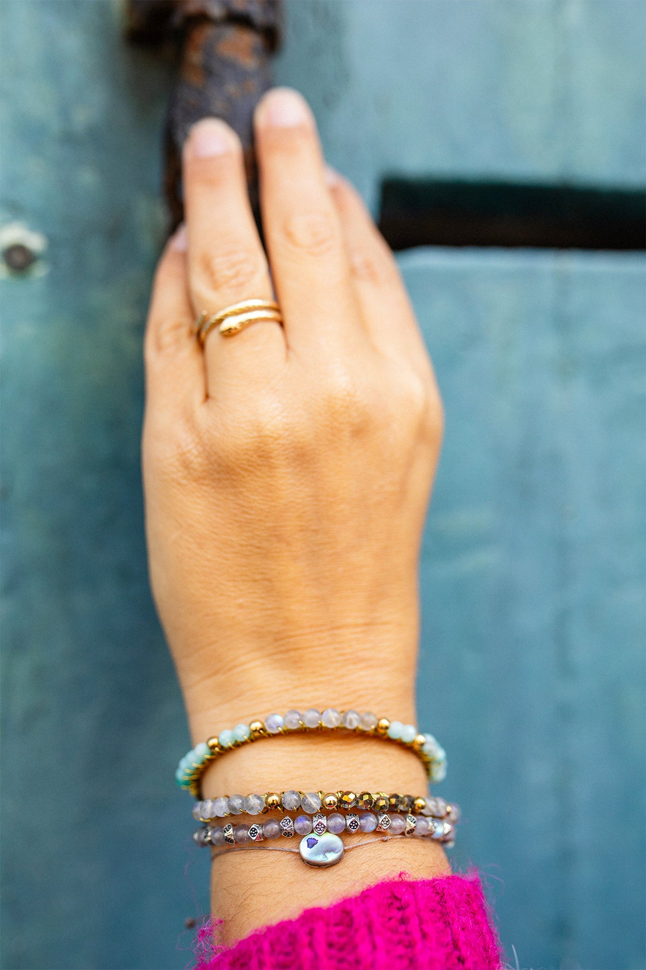 jonc tissé en amazonite et labradorite fait main - caurisandco