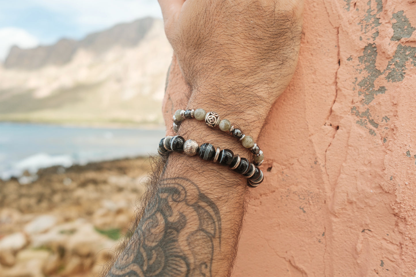 bracelet homme en perle agate noir zebré 10mm - caurisandco
