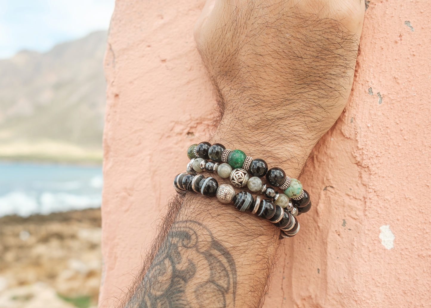 bracelet homme obsidienne turquoise d'afrique 10 mm - caurisandco