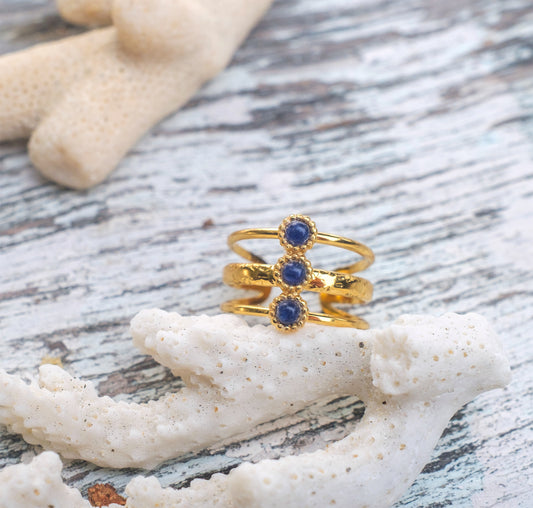 Bague 3 rangs réglable (max T58) cabochons sodalite 3 mm